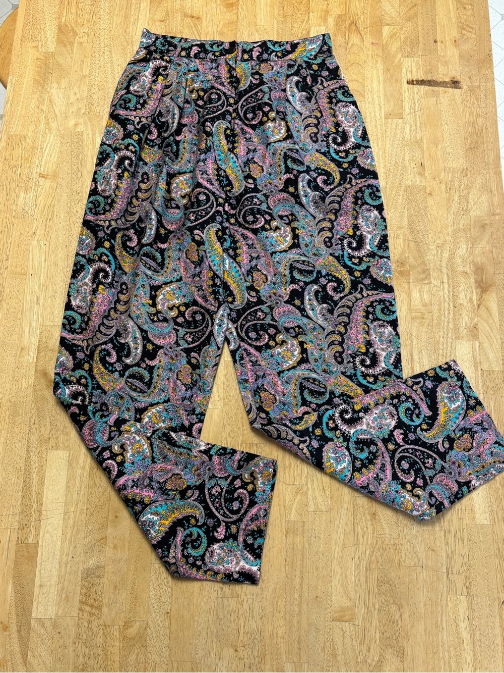 Vintage Charles Gluck Floral Paisley High Waisted Cotton Pants Pink Teal Yellow